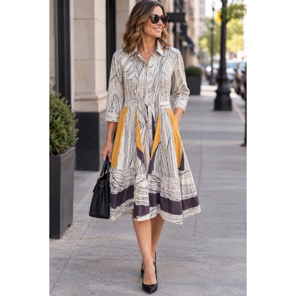 Bora Aksu Dress Size 40 US 8 Abstract Print Colorblock Midi Shirt Dress